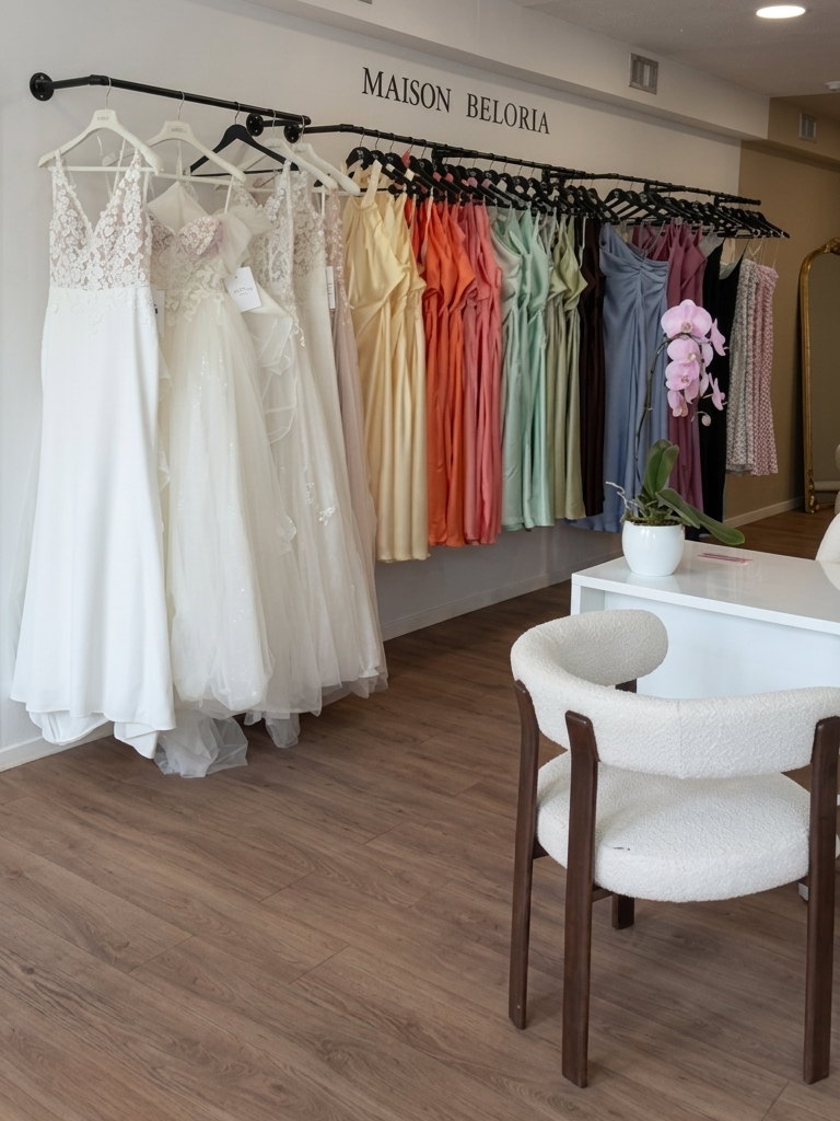 Intérieur de la boutique de location de robes Maison Beloria, au cœur de Saint-Dizier