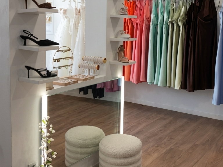 Portant de robes de cérémonie colorées dans la boutique Maison Beloria en Haute-Marne