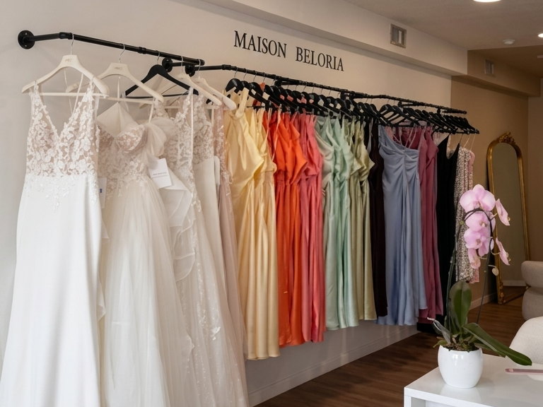 Portants de robes de mariée et de robes de cérémonie dans la boutique Maison Beloria à Saint-Dizier