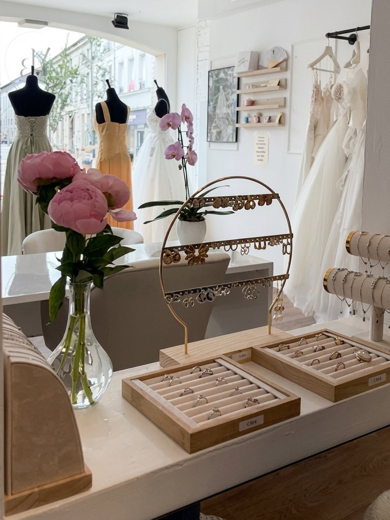 Bijoux et accessoires à assortir à une robe de cérémonie, boutique Maison Beloria