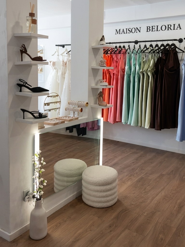 Portant de robes de cérémonie colorées dans la boutique Maison Beloria à Saint-Dizier