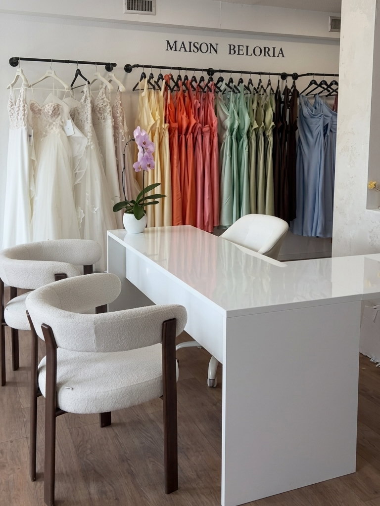 Vue d’ensemble de la boutique Maison Beloria, robes de mariée et de cérémonie